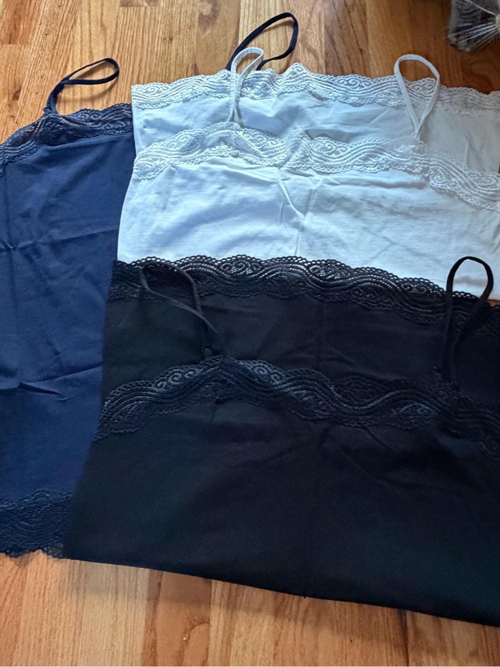 Ann Taylor Lace-Trim Camisole Set in Navy, White, and Black